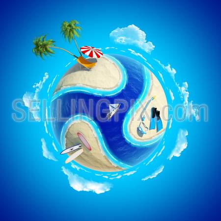 Mini planet concept. Hot tropical sand beach with palms, chair and sun umbrella, diver equipment, surfboards, ocean with yacht. Travel / tourism concept. Earth collection.