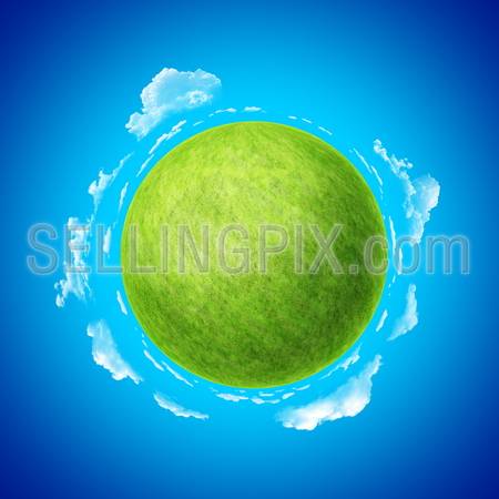 Green planet with blue skies and clouds template concept. Empty space to place your text, product, object or logo. Earth collection.