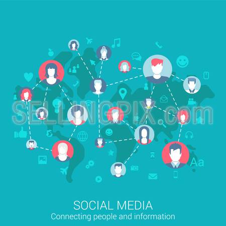 Modern flat design concept for social media global worldwide people connections information exchange and vector web banners illustration print materials website click infographics elements collection.