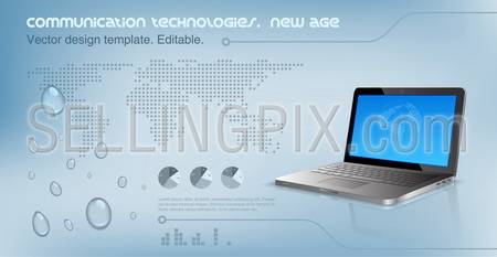 Laptop on the glossy hi-tech background.  World map on the background. Future technology concept. Design template. Vector. Editable.