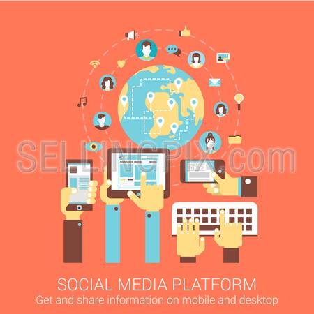 Modern flat design concept for social media platform worldwide people connection tablet smart phone pc vector web banners illustration print materials website click infographics elements collection.