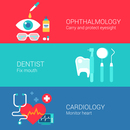 Medical ophthalmology dentist cardiology concept flat icons set of eye sight carry tooth monitor heart vector web banners illustration print materials website click infographics elements collection.
