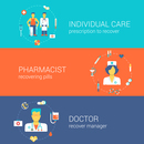 Doctor nurse pharmacist medical care staff concept flat icons banners template set individual doc pharmacy recover pills vector web illustration website click infographics elements.