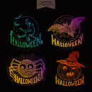 Halloween handdrawn engraving style labels set witch bat spider pumpkin template retro vintage.
