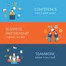 Business people lifestyle concept flat vector icon banners template set. Conference, presentation, partnership, handshake, contract, deal, teamwork. Web illustration. Website infographics elements.