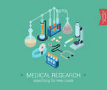 Medical research flat 3d isometric pixel art modern design concept vector icons composition set. Microscope, flask, bulb, cure pills. Flat web infographics elements collection for website.