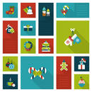 Creative winter holidays objects ans items: wreath, hanging sock, gloves, cake, gingerbread man. Christmas and New Year flat style decorations and labels icon set. Collection of holiday web icons.
