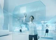Future teamwork concept. Future technology touchscreen interface. Girl touching screen interface in hi-tech interior. Business lady pressing virtual button in futuristic office.