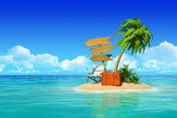 Desert tropical island with palm tree, chaise lounge, suitcase and three empty wooden signpost. Concept for rest, holidays, resort, travel.