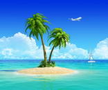 Clean sand beach on tropical island with palm tree, also with yacht and airplane on background. Concept for rest, holidays, resort, travel, trip and vacation.