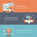 Flat style business planning, partnership and success results process infographic concept. Hand drawing strategy chart mindmap, contract handshake, trophy cup web site icon banners templates set.