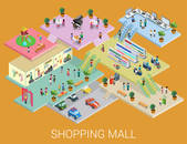 Flat 3d isometric shopping mall concept vector. City shopping center, boutique gallery indoor interior floors with walking shoppers. Sale, entertainment, multi-use, retail store business concept.