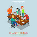 Brainstorming creative people flat 3d web isometric infographic concept vector. Advertising agency work process. Teamwork around table laptop, chief, art director, designer, programmer.