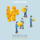 Warehouse storage delivery service flat 3d web isometric infographic concept vector. Courier loader mover working with goods boxes. Process prepare for delivery. Creative people collection.