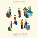 Travel people flat 3d web isometric infographic concept vector set. Men, women and couples with luggage bags, passport security control, ticket service. Build your own world creative people collection