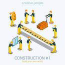 Construction builders people set flat 3d web isometric infographic concept vector. Yellow uniform building constructor worker staff brick box ruler window. Build your world creative people collection.