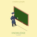 Knowledge gaining university high school graduation flat 3d web isometric infographic concept vector. Young student stands over empty blank dark blackboard with chalk. Creative people collection.