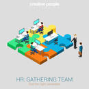 HR human relations gathering team solution flat 3d web isometric infographic concept vector. Businessman welcomes newbie company worker candidate demonstrating workplace. Creative people collection.