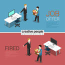 HR job offer and fired dismissal flat 3d isometric modern trendy stylish concept vector illustration. Boss welcome newbie pointing new workplace, showing way dismissed out. HR conceptual collection.