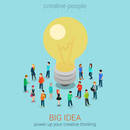 Big idea brainstorming flat 3d web isometric infographic concept vector. Casual men women group around hug lamp light bulb. Creative people collection.