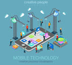 Mobile technology operating system creative process visualization flat 3d web isometric infographic concept vector template. Cranes placing building blocks mobile app icons to smartphone.