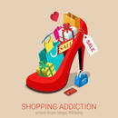 Shopping addiction sale madness flat 3d isometric web infographic template vector concept. Huge oversized red shoe full of gift box goods clothes credit card bag. Creative design conceptual collection.
