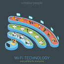Public Wi-Fi zone wireless connection technology icon shape flat 3d isometric web banner template. People different interiors watch online TV work on computer surfing in restaurant transport station.