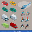 Flat 3d isometric high quality city transport icon set. Car van bus helicopter bicycle scooter motorbike and riders. Build your own world web infographic collection.