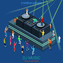 Night club dance DJ booth party flat 3d web isometric infographic concept vector template. Group young men girls dancing scene before and on dee-jay equipment. Creative people collection.