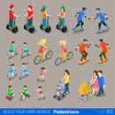 Flat 3d isometric high quality city pedestrians on wheel transport icon set. Segway skates kickboard bicycle pram skate-board scooter and riders. Build your own world web infographic collection.