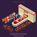 Fashion show podium defile flat 3d isometric web infographic template vector. Female photo models walking on scene demonstrating new clothes dress and expert auditory. Creative people collection.