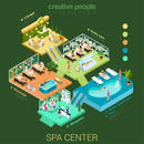 Flat 3d isometric abstract spa salon center floor interior departments concept vector. Reception water pool massage body care lounge health lifestyle stairs. Creative relax care people collection.