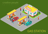 Gas petroleum petrol refill station cars and customers flat 3d web isometric infographic concept vector. Refilling cleaning shopping service. Petroleum creative people collection.