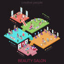Flat 3d isometric abstract beauty salon office building floor interiors concept vector web infographics illustration. Reception nail hair skin care makeup. Creative people offices collection.