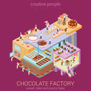 Flat 3d isometric abstract chocolate factory building floors interior departments concept vector. Confectionery workshop sweet bakery pastry cake creme brownie pie. Creative business people collection.