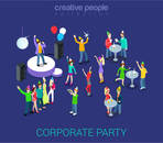 Corporate party holiday event team building flat 3d web isometric infographic human relations HR concept vector template. Group young men girls dancing. Creative people world collection.