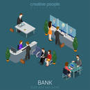 Flat 3d isometric abstract bank office building floor interior detail elements concept vector. Counter desk, cashier, vault, manager, cashdesk, currency exchange. Creative people collection.