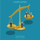 Justice and law, judgment and decision, court session, judicial sitting flat 3d web isometric infographic concept vector. Micro casual people judge bowls of scales. Creative people world collection.