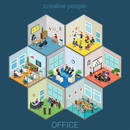 Flat 3d isometric abstract office interior room cells company workers staff concept vector. Reception, meeting conference, training class, accounting, open space. Creative business people collection.