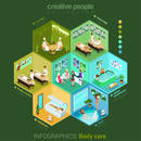Flat 3d isometric spa salon body care studio abstract interior room cell customers clients visitors workers staff concept vector. Solarium pool water treatment body mask lounge massage lobby. Creative people in cells infosgraphic collection.