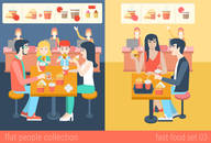 Set of stylish family mom dad boy girl children kids couple sitting fastfood table. Flat people lifestyle situation fast food cafe restaurant meal time concept. Vector illustration creative collection.