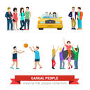 Flat style modern people casual clothes icons situations web template infographic vector icon set. Young couple in car friends basketball DJ party. Creative people collection.