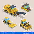 Flat 3d isometric style modern road highway surface making construction site wheeled track vehicles transport web app icon set concept. Brush cutter hedge trimmer asphalt roller compactor grubber.