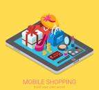 Flat 3d isometric creative mobile shopping web infographics consumerism concept. Beauty accessory fashion clothes goods on big tablet. Creative people collection.