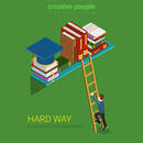 Flat 3d isometric style hard way well-educated education concept web infographics vector illustration. Young man climb ladder to book shelf graduate. Creative people website conceptual collection.