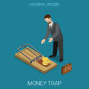 Flat 3d isometric style money finance banking credit loan trap concept web infographics vector illustration. Isometry businessman lean over mousetrap with coin bait. Creative people collection.