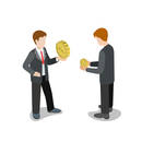 Flat 3d isometric financial strength comparison concept web infographics vector illustration. Businessmen with big and smaller coins. Creative people collection.
