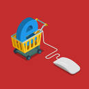 E-commerce electronic online sale business flat 3d isometry isometric concept web vector illustration. Computer mouse connected to big blue letter E in wheeled shopping cart.