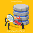 Database information lookup search flat 3d isometry isometric technology concept web vector illustration. Micro businessman magnifier searching data folder on server. Creative people collection.