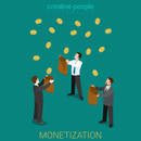 Monetization flat 3d isometry isometric business investment concept web vector illustration. Businessmen catching money rain falling from the sky. Creative people collection.